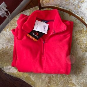 NWT lands’ red azalea red fleece pullover women’s large (14 -16).